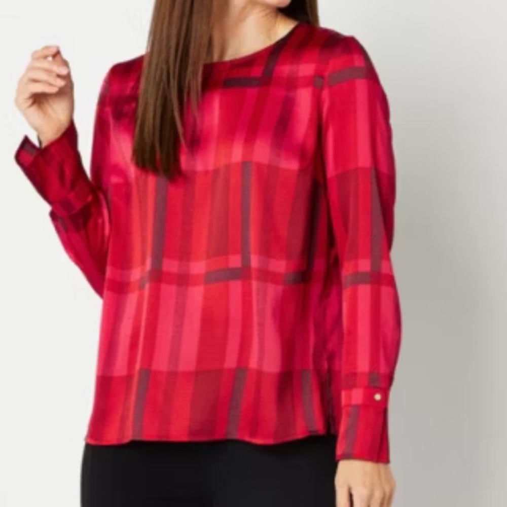 Liz Claiborne Woman Red Plaid Dressy Satin Blouse Size 0X or 14
